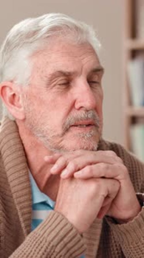 Home, thinking and old man with nostalgia, sad and mental health with retirement