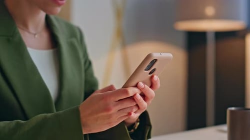 Closeup Businesswoman Fingers Texting Phone at Office Workplace Lady Working