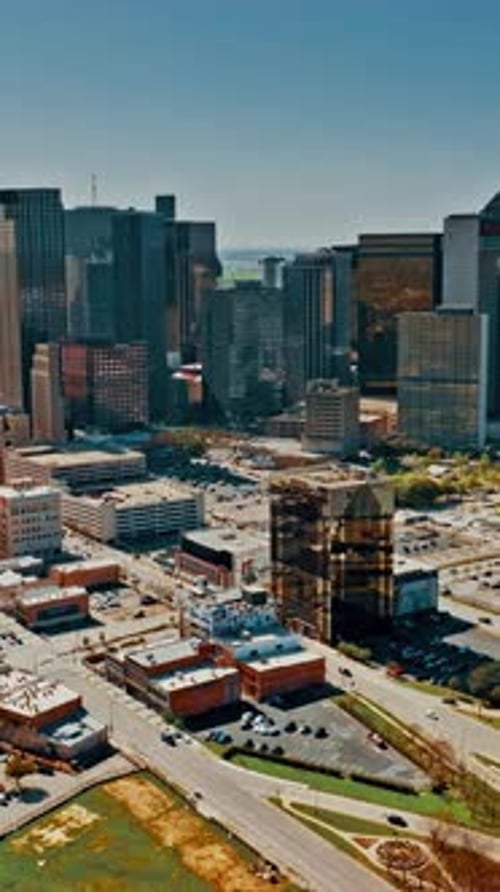 Vertical aerial view of downtown Dallas showcasing urban landscape