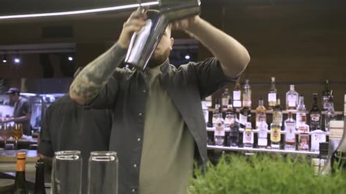 bartender in a restaurant prepares a cocktail in a shaker