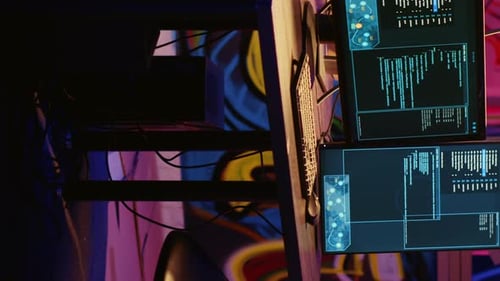 Computer Monitors Displaying Code and Graphic Interfaces