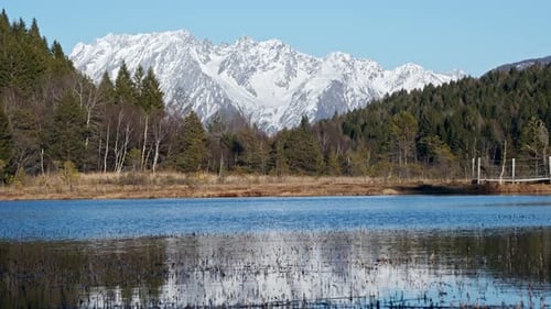 Atemberaubender Blick auf den Schweizer Alpensee mit schneebedeckten Gipfeln und Wald