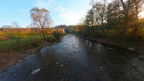 FPV Cinematic Clip of Countryside Wild Nature Aerial Flight Above River Pond Landscape Autumn