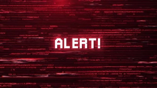 Warnung! Warnung vor einem Cybersicherheitsfehler mit rotem Computercode-Animationshintergrund