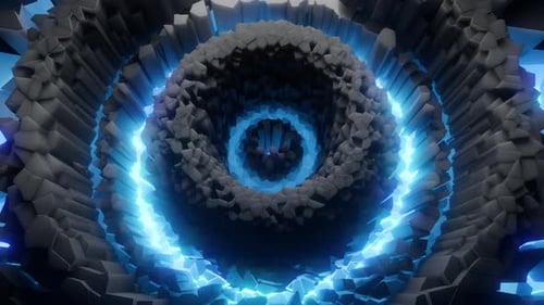 Futuristic Geometric Tunnel with Pulsing Blue Energy Rings