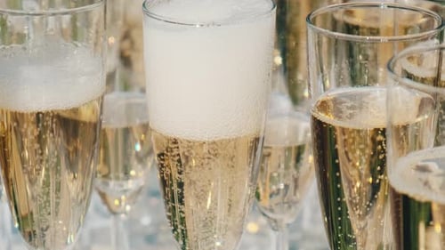 A restaurant waiter serves an outdoor party, pouring sparkling champagne or white wine into a glass