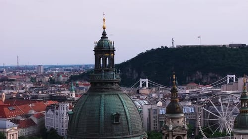 Circular Shot of Top of St Stephens Basilica Towers Large Dome with Roof Lantern on Top Fly Above