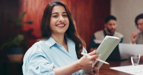 Face, business and woman with stylus in office for about us, editor feedback and manuscript