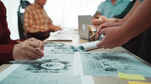 Team Collaborating on Blueprints in Office Meeting