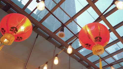 Asian Lanterns Hanging in Urban Building