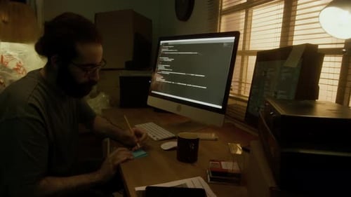 Homem barbudo escrevendo nota adesiva durante sua sessão de programação