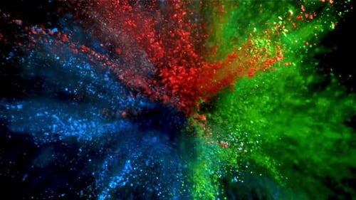 Superzeitlupenexplosion von Farbpulver auf schwarzem Hintergrund, gefilmt mit einer Hochgeschwindigkeitskamera bei 10:00 Uhr