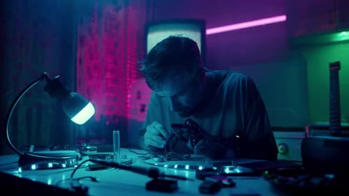 Young Man Soldering in a Neon Lit Room