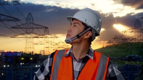Close Up Of Asian Male Engineer Looking Around With Arms Akimbo Near High voltage tower