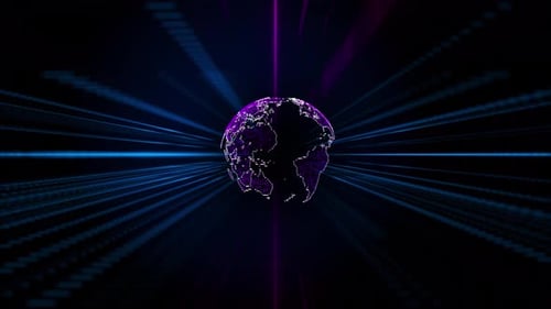 Futuristic Rotating Digital Globe on Dark Grid Background