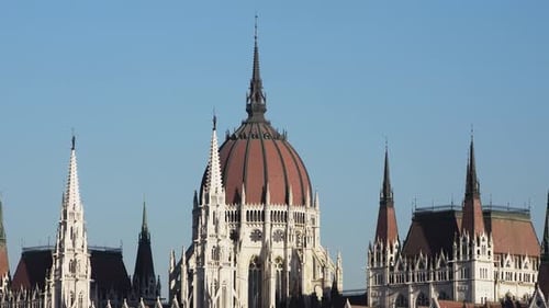 Budapest city (Hungary capital) center view with Parliament building and Danube river on a sunny day