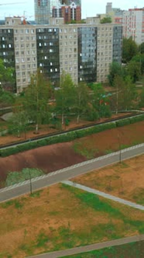 Top View of Park Alley in Residential Area of City Clip View of City with Residential Buildings and