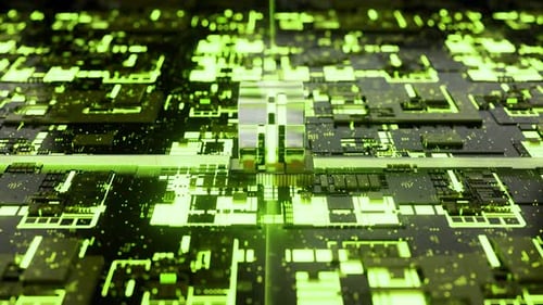 Animated Data Processing on Futuristic Microchip Board