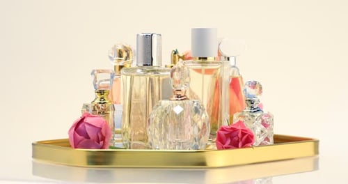Many different perfume bottles and flowers on tray spinning against beige background, closeup
