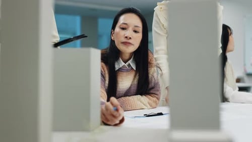 Architecture, model and woman with building prototype and planning for floor plan and project