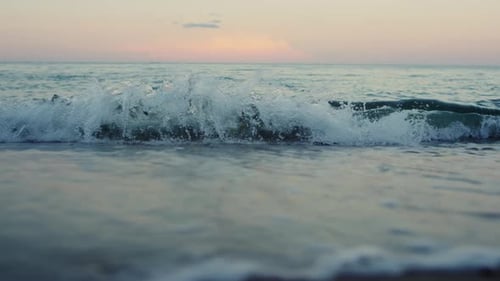 Blue Sea Waves Breaking Sand Beach Seashore in Summer Morning Horizon In
