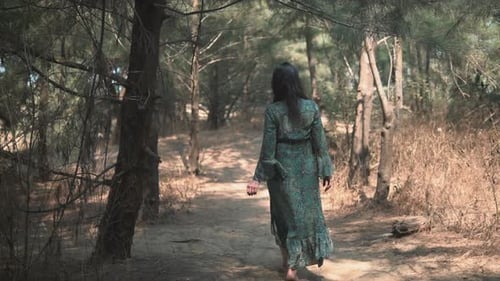 Woman in a dress walking through a forest area and dry vegetation.