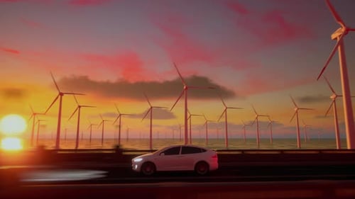 3D Render Of Generic Electric Car Drives On Highway With Wind Turbines At Sunset