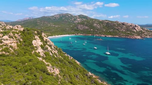 Aerial drone view of Plage de Roccapina, Mediterranean beach, Corsica, France