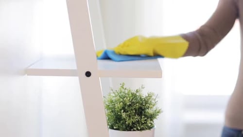 Woman in Yellow Gloves Cleaning Shelf with Cloth