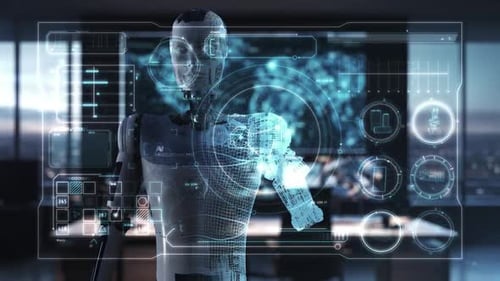 A Futuristic AIpowered Robot Interacts with a Holographic Virtual Display