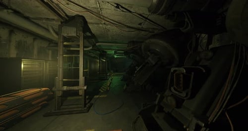 Advanced Control Passage Illuminated By Glowing Screens and Bundled Cables