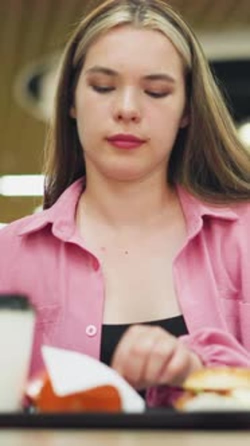 Femme savourant des croustilles dans un restaurant avec des lumières vives