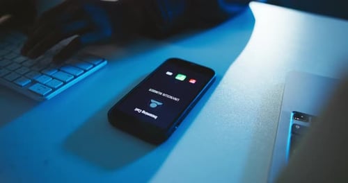 Hands, typing and incoming call with phone screen in office with unknown number