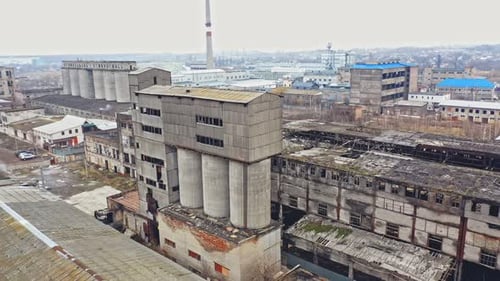 Aerial view of an abandoned industrial plant. Factory ruins.