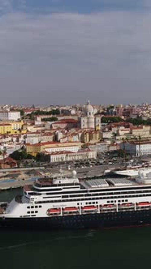 Vertical Video of Cruise Ship in River Tejo. Lisbon, Portugal