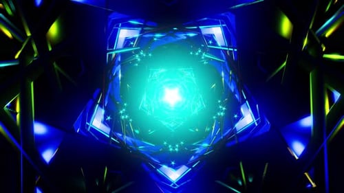 Electric Blue Hexagonal Tunnel Spirals Into a Bright Cyan Core