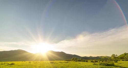 Mountain Meadow Timelapse at the Summer or Autumn Sunset Time Wild Nature and Rural Field Clouds