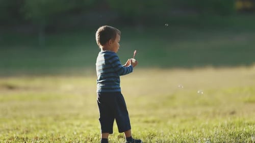 A Little Boy Playing with Soap Bubbles