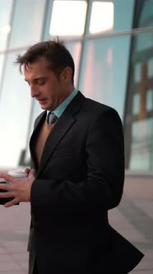 Businessmen Talking and Walking Together Outside Office Building