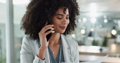 Phone call, documents and a happy business black woman in the office for communication