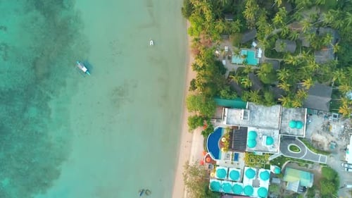Aerial View of Island with Tropical Sandy Beach and Palm Trees Tourist Boats on Coast Tropical