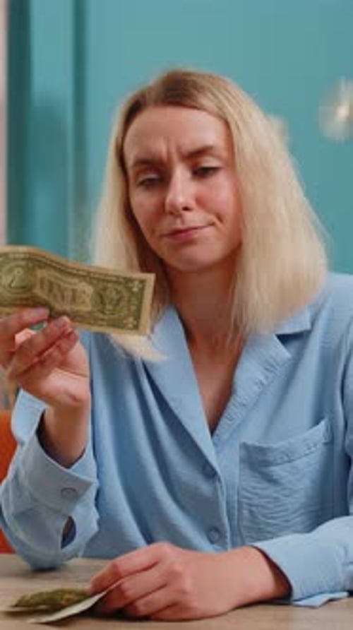 Woman Counting Cash Insufficient Amount of Money Financial Crisis Bankruptcy Poverty Destitution
