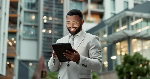 Happy, tablet and business black man in city for communication, typing email and research