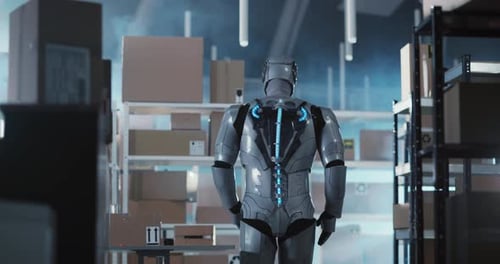 Fantastic Silver Robotic Worker Smart AI Assistant Working Inside Workshop Service Storage Room