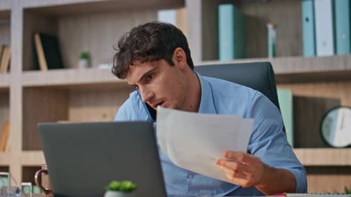 Man Entrepreneur Negotiating Call in Office Closeup Busy Sales Manager Consult