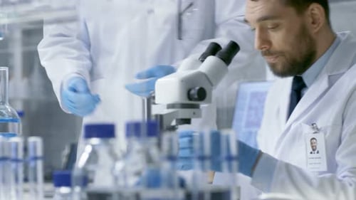 Scientist Using Microscope in Bright Laboratory