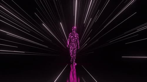 Glowing Purple Humanoid Silhouette Made of Digital Particles Walking Forward Through a Dark Tunnel