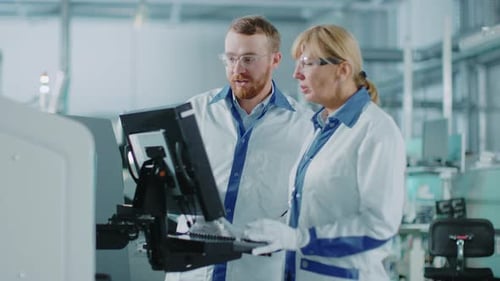 On High Tech Factory Female and Male Engineers Talk and Use Computer for Programing Pick and Place