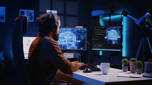 IT Expert Enjoying Coffee and Audio Podcasts While Writing AI Code