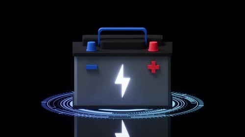 Animated Car Battery with Glowing Lightning Bolt and Circuit